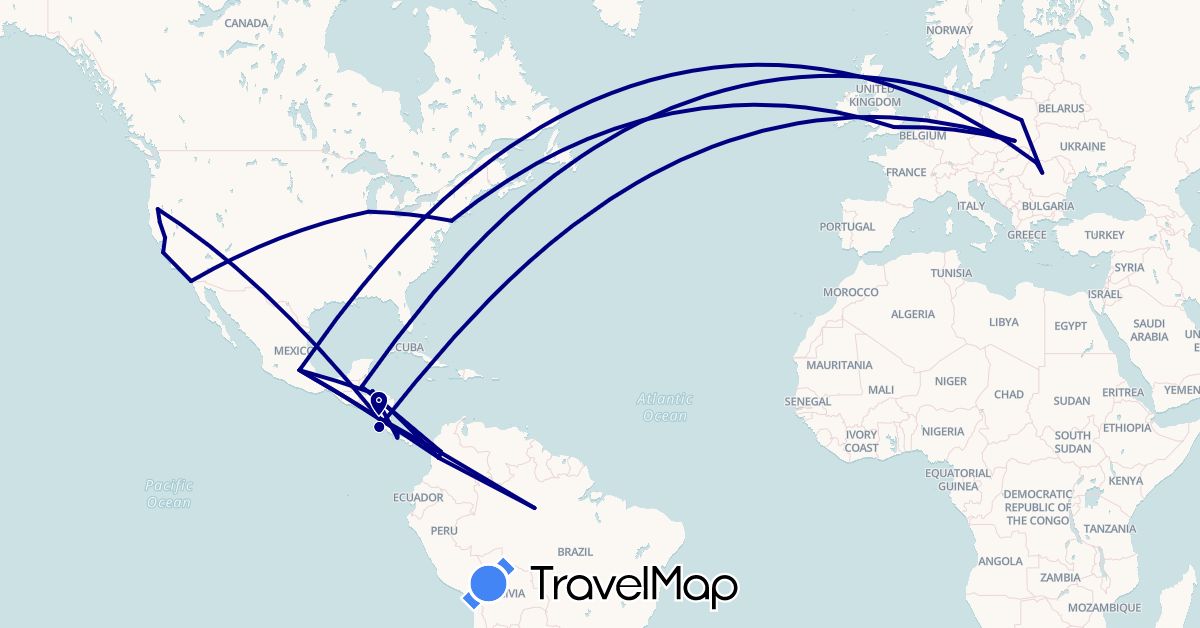 TravelMap itinerary: driving in Brazil, Belize, Colombia, Costa Rica, United Kingdom, Honduras, Mexico, Nicaragua, Panama, Poland, Romania, United States (Europe, North America, South America)